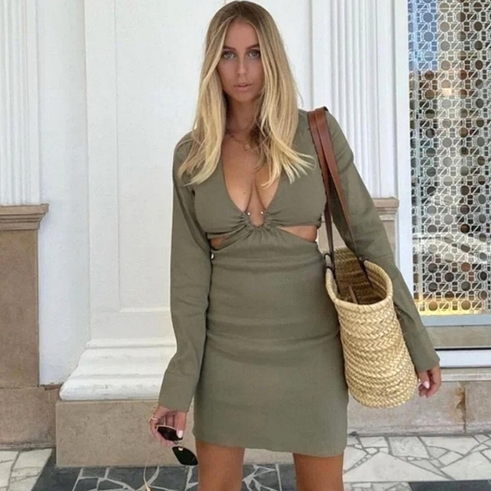 Zara * Cut Out Linen Blend Mini Dress Size S
